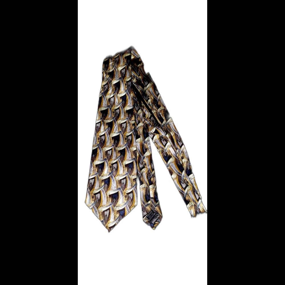 Keith Daniels Tan Gray Abstract Geometric Jacquard Print Wide Silk Tie